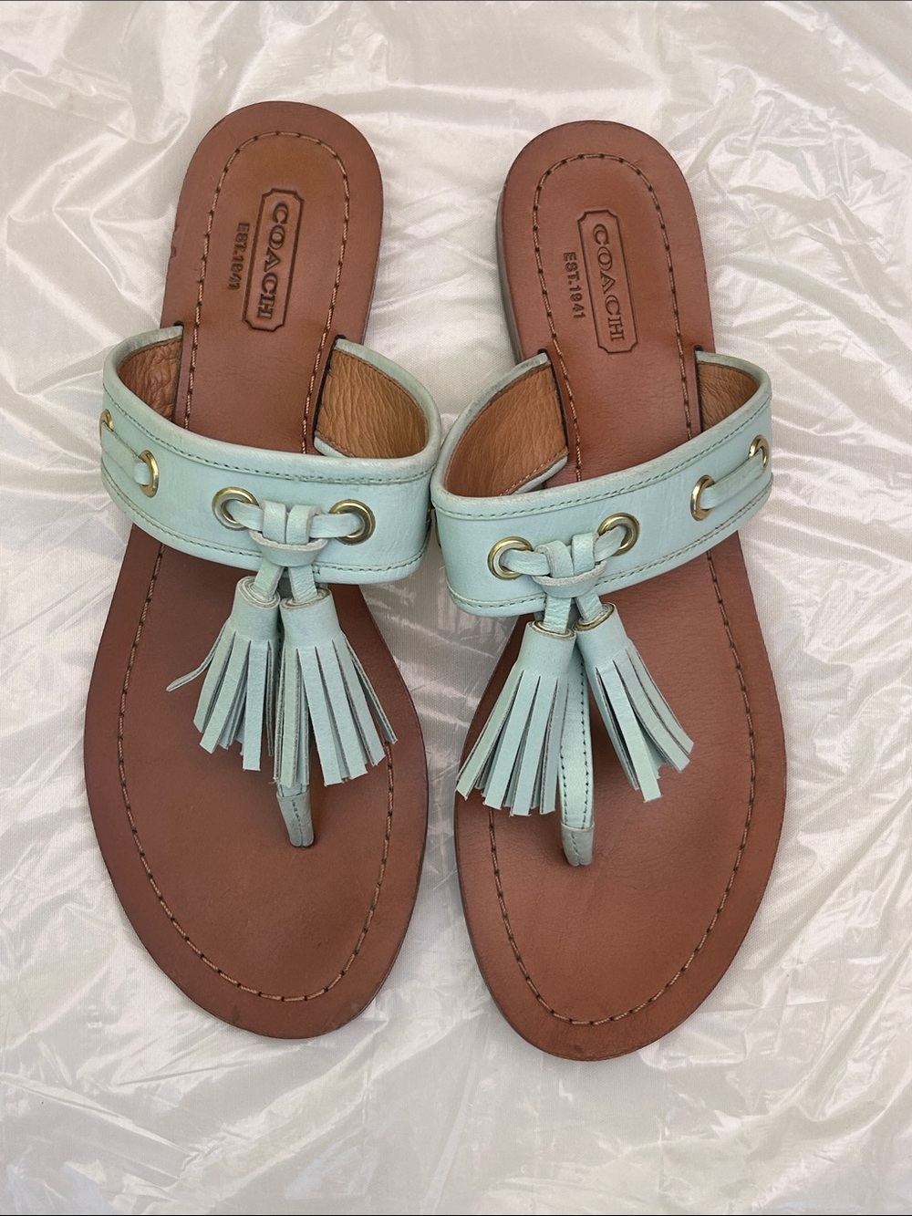 Coach Tan Leather Thong Sandals with Light Blue Tassels